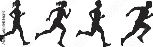 WebRunning silhouettes, jogging to sprint, male and female athletes, fitness exercise, sports training, body movement, speed posture, vector illustration, black silhouette, isolated