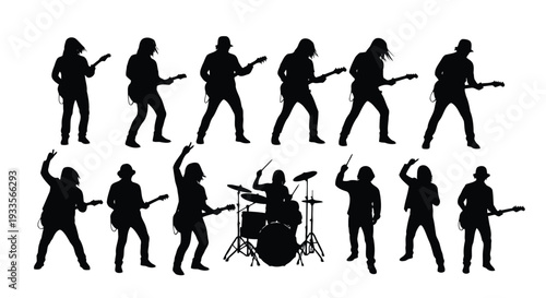 Vector Illustration of Rock Band Silhouettes Playing Instruments in Various Poses