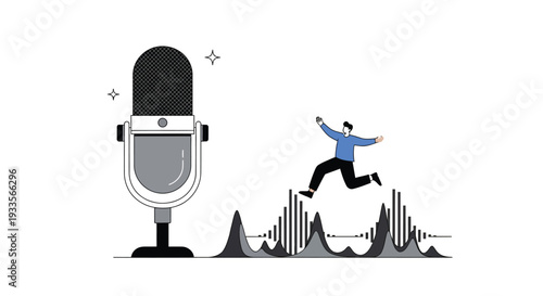 Man celebrating success jumping on blue sound wave graph