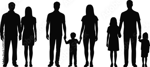 PrintFamily silhouettes holding hands, parents and children illustration, unity and bond resource, relationship design reference, group posture collection, love connection