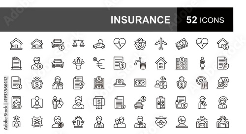 Collection of 52 insurance and financial services icons in vector style.