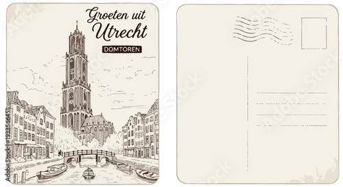 Carte postale vintage dessinée à la main de la tour du dôme d'Utrecht, Pays-Bas, avec un canal et des bateaux.