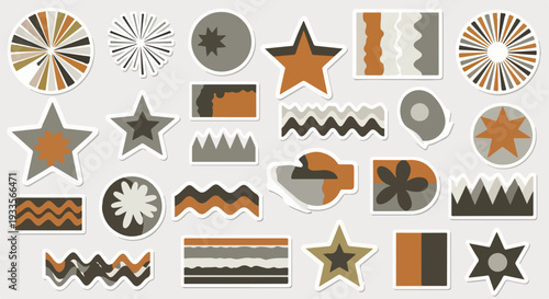 Ensemble d'autocollants abstraits aux formes géométriques et motifs organiques dans des tons terreux.