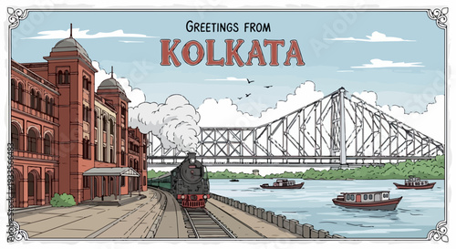 Salutations de Kolkata : un train à vapeur passe devant un pont emblématique et des bateaux sur la rivière Hooghly.
