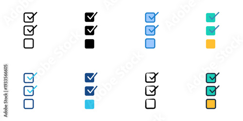 Checklist icons set multiple style collection. Editable stroke 
