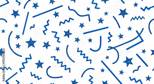 Motif abstrait bleu et blanc avec des étoiles, des lignes et des serpentins pour des célébrations