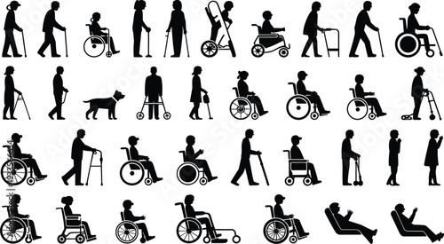 PrintMobility aid silhouettes, wheelchair icons, walker figures, cane users, scooter design, disability support, accessibility illustration, service dog graphic, inclusive artwork