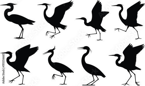 PrintHeron silhouettes collection, bird poses illustration, flying and standing herons, wildlife design resource, ornithology study material, artistic grid arrangement, nature reference