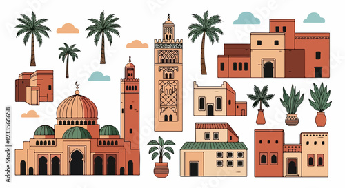 Illustration de ville marocaine avec mosquées, maisons traditionnelles et palmiers, style plat.