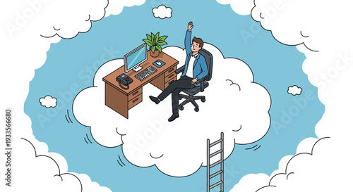 Happy businessman sitting on white cloud with office desk