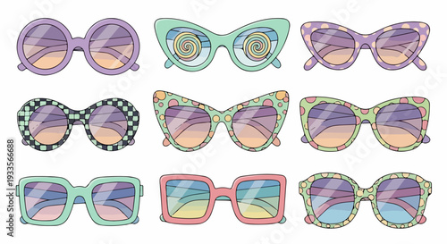 Collection d'illustrations de lunettes de soleil fantaisie aux formes et couleurs variées, style rétro.