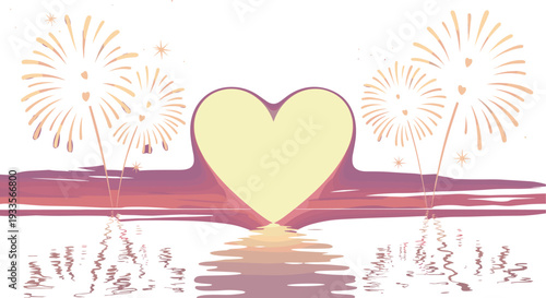 PrintRomantic heart illustration, fireworks celebration, love reflection, colorful sunset sky, festive artwork, Valentine design, passion symbol, water symmetry, vibrant graphic