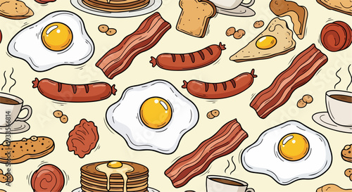Motif sans couture de petit-déjeuner anglais avec œufs au plat, bacon, saucisses et café.