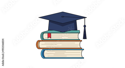 Vector Illustration of Graduation Cap on Stack of Books Symbolizing Education