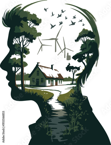 PrintSilhouette head landscape, rural house, wind turbines, birds flying, eco energy, nature mind, sustainable living, environmental consciousness, scenic harmony