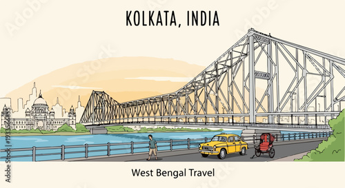 Pont Howrah emblématique à Kolkata, Inde, avec des transports typiques et des bâtiments historiques.