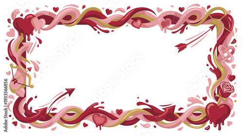 Romantic Heart Border Swirls And Cupid Arrows In Pink Red And Gold