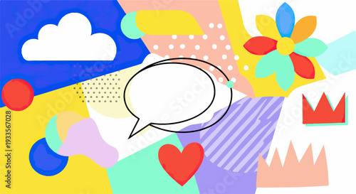 Fond abstrait coloré avec des formes géométriques, des nuages, une fleur et un cœur.