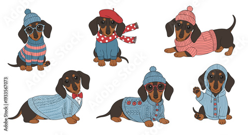Six adorable dachshund dogs are illustrated wearing various colorful knitted sweaters, hats, and glasses on a plain white background.