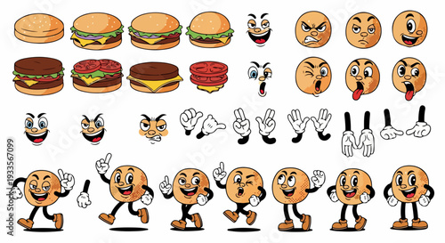 Ensemble d'illustrations de hamburgers et d'émoticônes expressives dans un style dessin animé vintage.