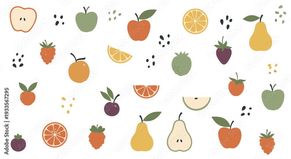 Obraz premium Whimsical Fruit Pattern: Apples, Pears, Berries, Citrus - Vintage Botanical Illustration
