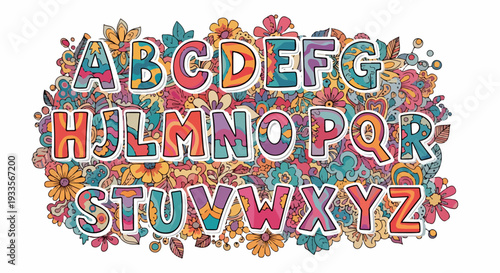 L'alphabet illustré avec des motifs floraux colorés et psychédéliques, style rétro.