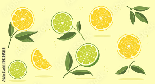 Citrus Slices: Lemons and Limes with Leaves - Fresh Botanical Illustration