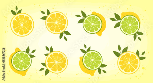 Fresh Citrus Slices: Lemons and Limes with Leaves on Yellow Background
