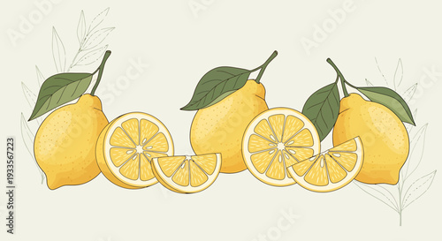 Fresh Lemons and Slices with Botanical Leaves, Vintage Style Illustration