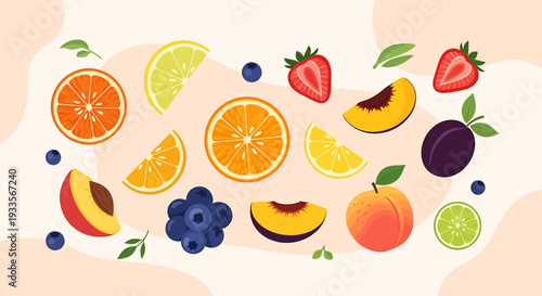 Vibrant Assortment of Fresh Fruits and Berries - Flat Illustration