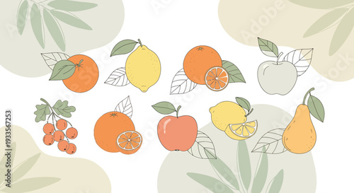 Vibrant Citrus Fruit and Apple Illustration with Botanical Accents - Vintage Style