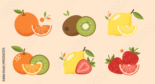 Vibrant Citrus Fruits and Berries Collection - Orange, Kiwi, Lemon, Strawberry