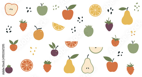 Whimsical Fruit Pattern: Apples, Pears, Berries, Citrus - Vintage Botanical Illustration