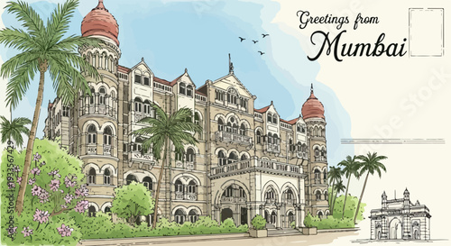 Carte postale vintage de Mumbai présentant le majestueux Taj Mahal Palace Hotel et des palmiers luxuriants.