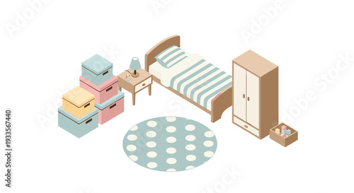 A minimalist isometric bedroom setup featuring a striped bed, nightstand, wardrobe, and stacked storage boxes is arranged on a white surface.