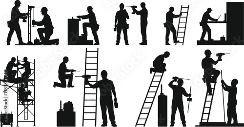 Construction workers silhouettes, drilling, measuring, climbing ladders, scaffolding teamwork,