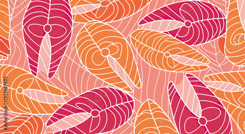 Motif de tranches de saumon stylisées, motif sans couture, couleurs vives et abstraites.