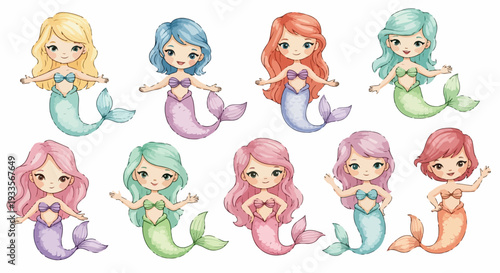 カラフルな髪と尾を持つ10人の可愛い人魚のイラストセット。水彩画風の優しいタッチで描かれたファンタジーキャラクターは、子供向けの物語やデザイン素材として幅広く活用できます。