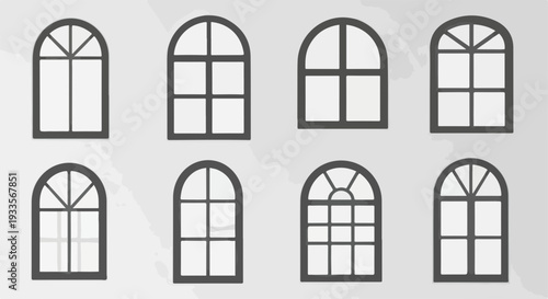 様々な形状のアーチ型窓枠が白い背景に美しく配置された、住宅や建築デザインに活用できる多様な窓のコレクションを示すベクターイラストレーション。
