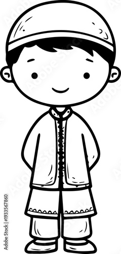 Smiling boy wearing traditional Muslim cap and kurta Black and white vector illustration
