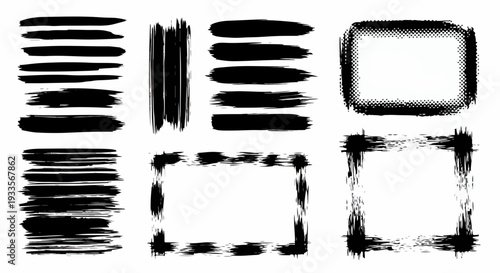 様々な形状の手描きの黒いブラシストロークとグランジエッジのフレームがセットになった、デザインに使える抽象的なアート素材のコレクション。