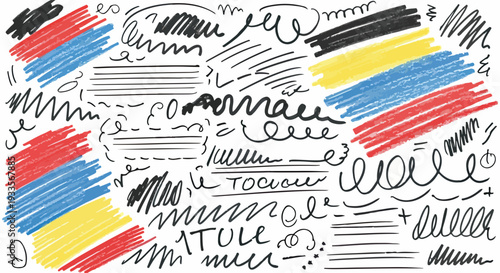 手描きで描かれたカラフルな落書きや線、様々な鉛筆のストロークが白い背景に散りばめられた抽象的なデザイン要素のコレクション。