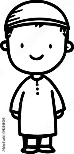 Smiling boy wearing traditional Muslim cap and kurta Black and white vector illustration
