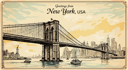 ニューヨークの象徴であるブルックリン橋とマンハッタンの街並みが描かれた、ビンテージ風の美しいポストカードイラスト。