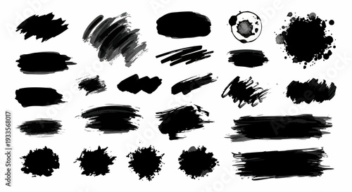デザインやアートワークに深みと質感を加える、手描きの黒いブラシストローク、インクの飛び散り、グランジテクスチャの多様なセット。