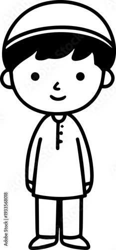 Smiling boy wearing traditional Muslim cap and kurta Black and white vector illustration
