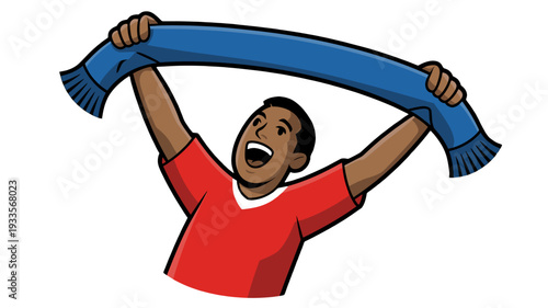 A joyful person is cheering with a blue scarf above their head.