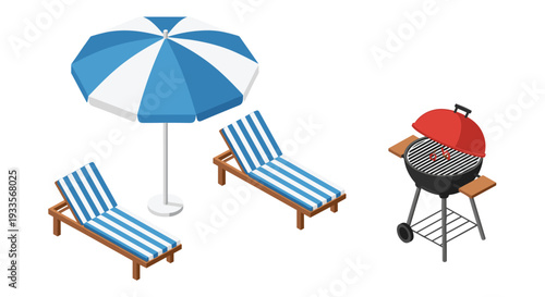 A concise isometric collection featuring a blue-striped umbrella, two matching lounge chairs, and a red barbecue grill is presented on a white surface.