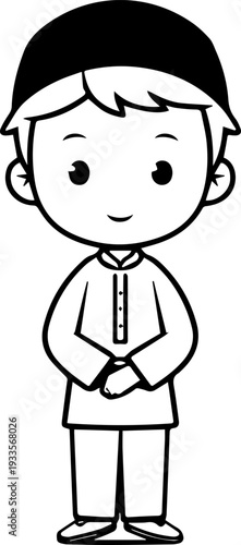 Smiling boy wearing traditional Muslim cap and kurta Black and white vector illustration
