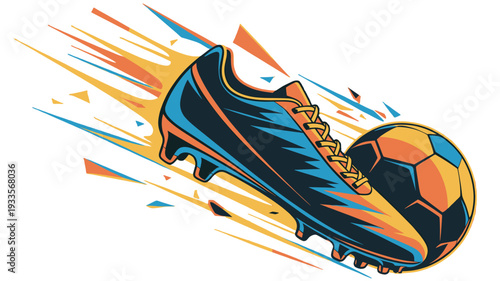 An artistic depiction of a soccer cleat kicking a soccer ball.